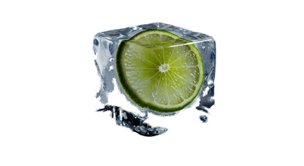 Transparent Background Lime Slice Frozen In Ice Cube Splash
