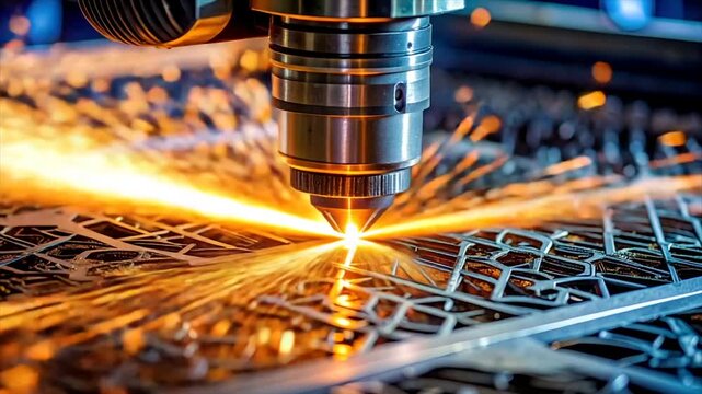 A laser cutting machine precisely etches a metal sheet, creating a geometric pattern