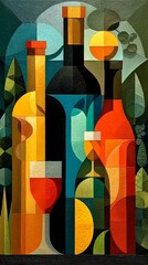 Abstract cubist interpretation of responsible winemaking shown with bottles glasses fruit and natural balance symbolism