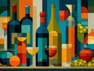 Cubist still life composition portraying sustainable wine culture with abstract bottles fruit and layered geometric harmony