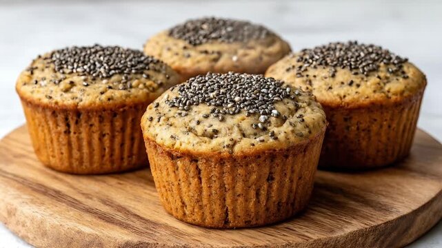 Four muffins with chia seeds on top are arranged on a wooden board close-up view