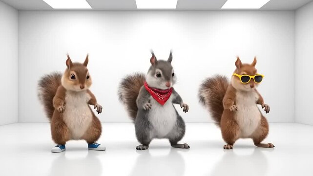 Cool squirrels stand wearing sunglasses and a bandanna in a bright, white room, digitally created, detailed, fun, playful, cartoon style.