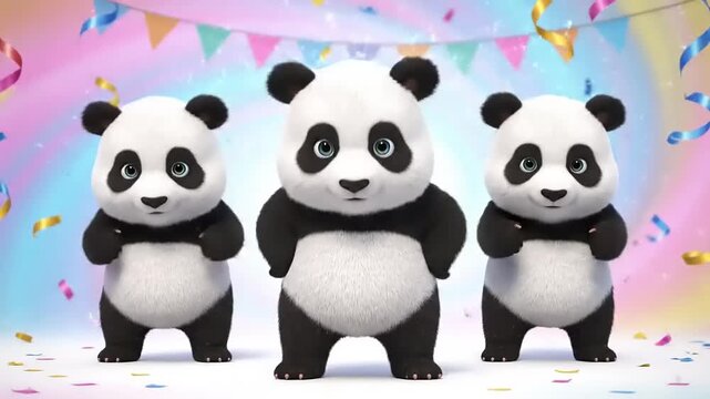 Cute pandas dancing in cartoon style against festive background with streamers, celebrating. Playful, cheerful, adorable animal friends together.