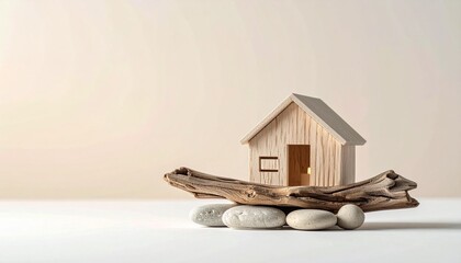 小石と流木で表現した抽象的な家模型背景