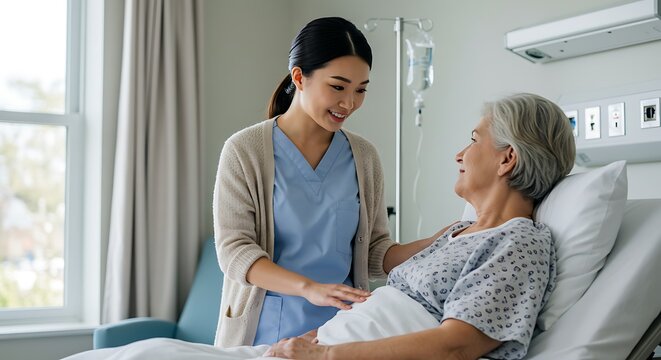 Compassionate Caregiver Supports Elderly Patient in Hospital Room.