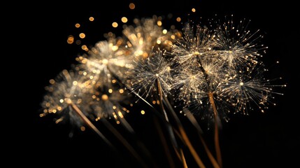 A vibrant and dynamic fireworks display in the night sky, showcasing an array of golden sparks radiating from a single point.