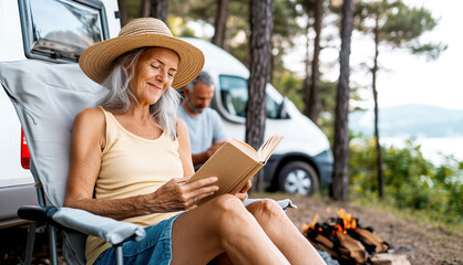 A elderly woman with a straw hat on her head sits in a camping chair, reads a book and relaxing near a van while traveling in nature with her husband.