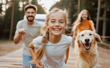 Happy smiling girl running next to golden retriever dog towards the camera against a blurred background of a travel van and her sister and father during their summer weekend.