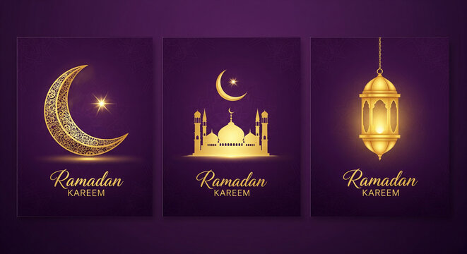 Ramadan kareem islamic holiday illustrations with crescent moon mosque lantern
