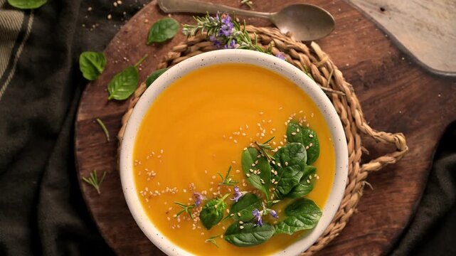 Creamy Pumpkin Soup with Spinach and Sesame Seeds