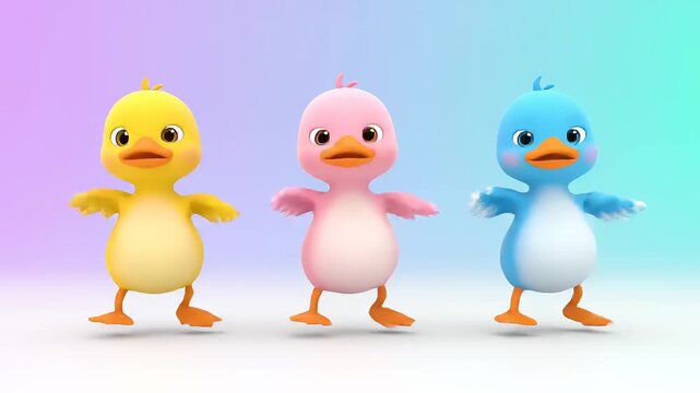 Animated ducks dancing together, cartoon style, 3D render, against gradient backdrop, adorable, cute, positive vibes, joy, fun, childhood, nursery rhyme