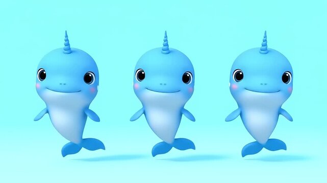 Cute Narwhals Dancing, 3D Rendering, Light Blue Background, Playful, Smiling, Happiness, Cartoon, Animation, Children, Fun, Marine Life, Whimsical, Delightful