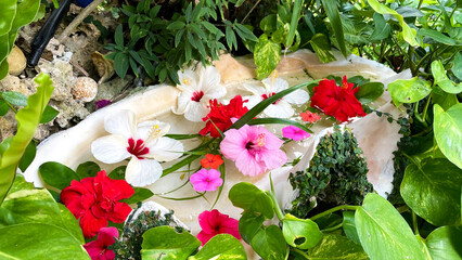 南国の花を浮かべたトロピカルガーデン 癒し風景