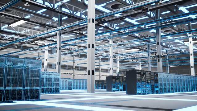 Big data, complex calculations and database servers in server farm, digital twin mapping. Blue wireframe mesh of data center equipment used for information processing and advanced analytics