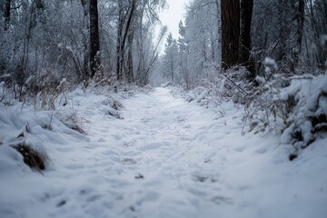 Snowy Forest Path Through Dense Trees in Winter with Ground Level Perspective and Soft Natural Lighting Offers a Peaceful Scene
