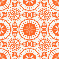 Seamless off white and mandarin orange geometric ornamental pattern with repeating symmetrical motifs. Bold decorative background for textiles, wallpaper, packaging, branding and surface design.
