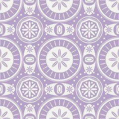 Seamless light gray and soft lilac geometric ornamental pattern with symmetrical repeating shapes. Decorative background for fabric, wallpaper, stationery, packaging and interior design.