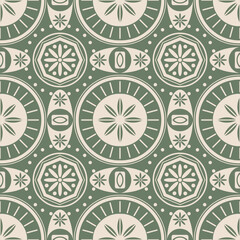 Seamless warm beige and sage green ornamental geometric pattern featuring repeating symmetrical shapes. Perfect for fabric prints, wallpapers, packaging, ceramics and interior decor.
