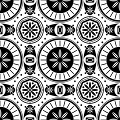 Seamless black and white geometric ornamental pattern featuring symmetrical abstract shapes. Decorative repeating background ideal for textiles, wallpapers, packaging, surface design, ceramics and int