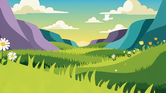 Cartoon landscape with green hills, mountains, and wildflowers at sunrise