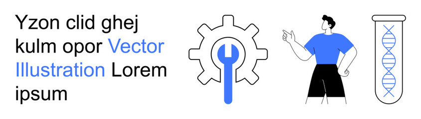 Science, biotechnology, engineering, innovation, genetic research, problem-solving. DNA helix in test tube, gear with wrench person pointing. Biotechnology and engineering concepts highlighted