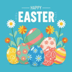 Happy Easter Vector Illustration with Colorful Patterned Eggs and Spring Daisies on Blue Background for Greeting Card and Banner