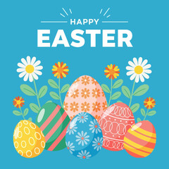 Happy Easter Vector Illustration with Colorful Patterned Eggs and Spring Daisies on Blue Background for Greeting Card and Banner