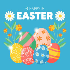 Happy Easter Vector Illustration with Colorful Patterned Eggs and Spring Daisies on Blue Background for Greeting Card and Banner