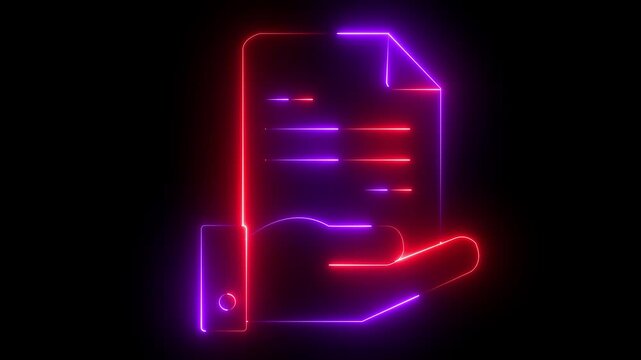 Glowing neon line icon animation of a hand holding a document or paper file. Concept of paperwork, report, contract, agreement, business file, documentation, office work and approval process.