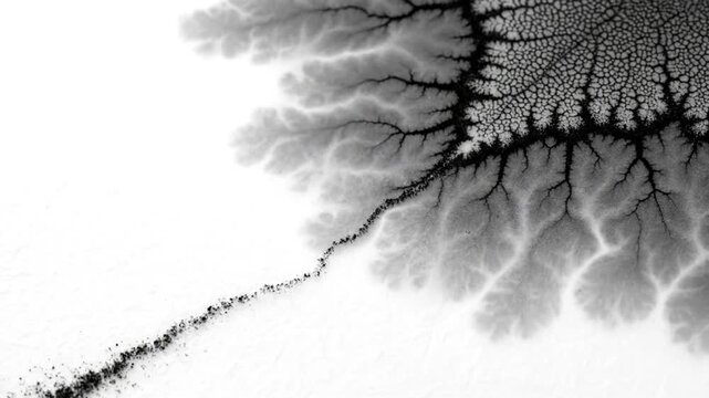 Black and white fractal pattern with branching structures.