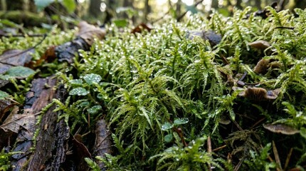 Obraz premium Close-Up of Fresh Morning Dew Drops on Vibrant Green Moss