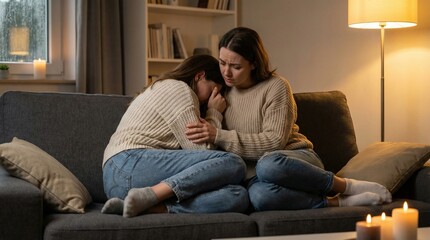 Obraz premium Two Friends Sitting on Sofa Sharing an Emotional Moment of Support