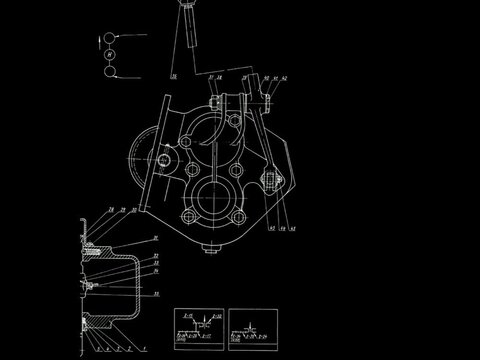 Video animation with assembly drawing of truck power 
take-off box. Animated motion effect. 
Engineering automotive mechanical blueprint.
Technology cad design of machine building industry. 