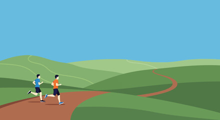 Obraz premium Two Joggers Running on Scenic Trail in Upland Landscape
