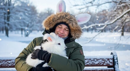 Fototapeta premium A middle aged Caucasian man wearing a winter parka with bunny ears on his hood holds a fluffy white rabbit while sitting on a snowy park bench in winter.