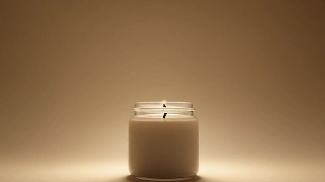 Glowing candle jar on a warm neutral background. Minimalist packshot with soft ambient lighting and a gentle flame.