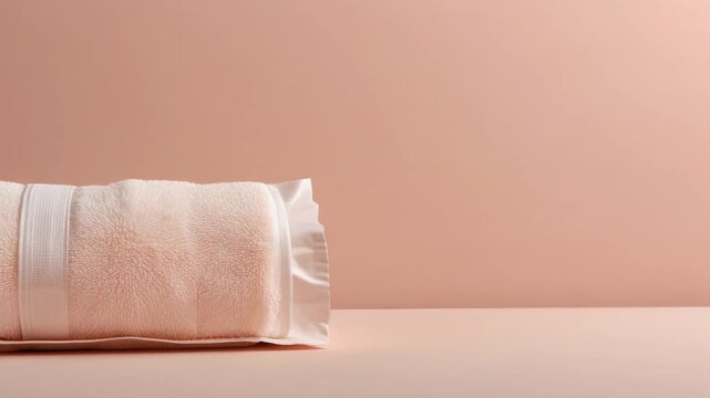 Elegant packshot of a plush towel in soft pastel packaging with smooth, cinematic camera movement. Minimalist & clean.