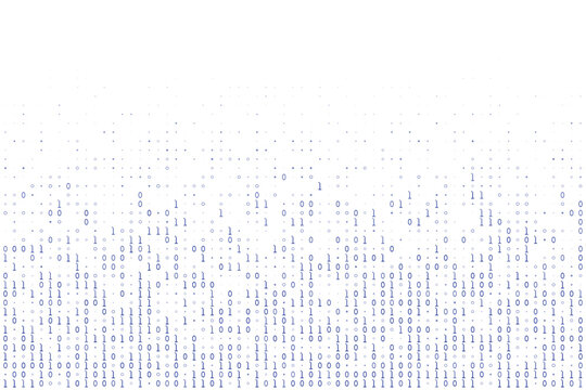 Abstract binary code background with blue zeros and ones on white. Digital technology data stream concept for computer science and programming.