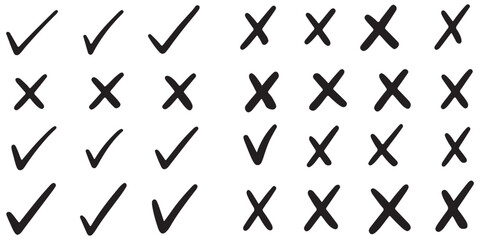 Check tick mark icon set, hand drawn doodle red cross box x check mark green checkbox v, sketch marker checklist symbol right and wrong set - for stock © Top
