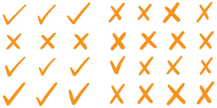 Check tick mark icon set, hand drawn doodle red cross box x check mark green checkbox v, sketch marker checklist symbol right and wrong set - for stock