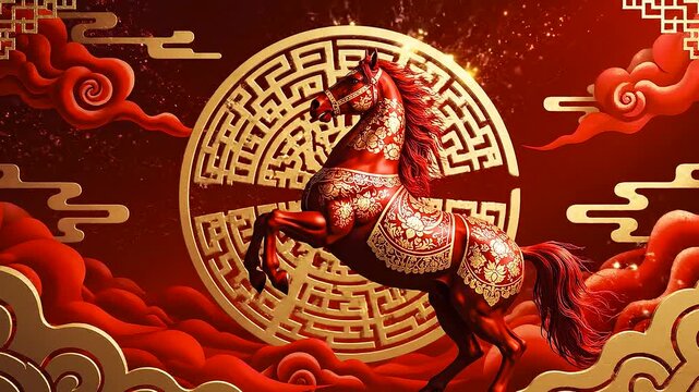 A majestic red horse with gold ornamental patterns inspired by traditional Chinese art. Happy Chinese New Year, the fire horse zodiac sign.