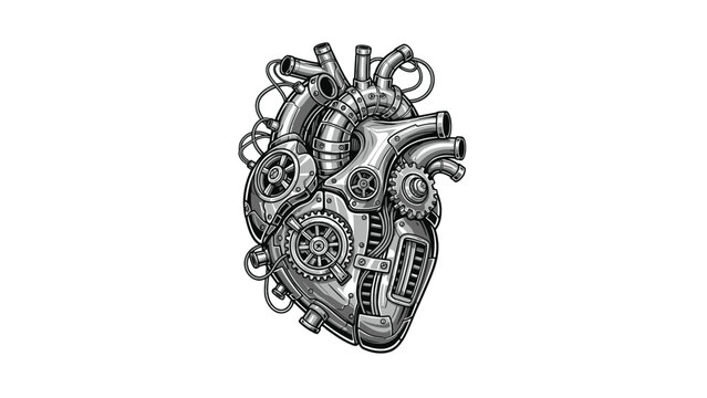 Detailed mechanical heart illustration merging anatomical accuracy and industrial steampunk elements to represent medtech design, patentable biosensor innovation and investor pitch visuals