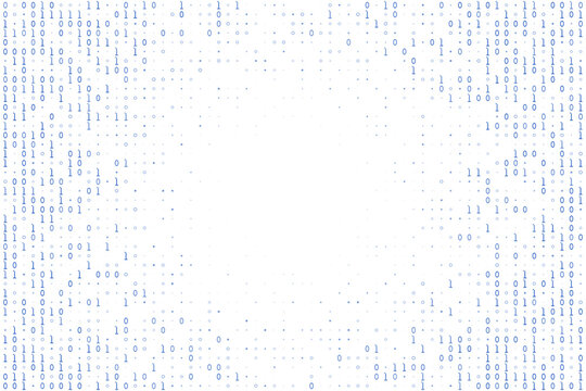 Abstract binary code background with blue zeros and ones on white surface. Digital technology concept with data stream and information flow in a circular pattern.