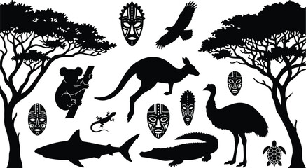 African wildlife silhouette vector collection featuring kangaroo, koala, emu, crocodile, shark, turtle, birds, lizard, tribal masks and savanna trees for safari logo, nature branding projects © MdAnower