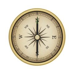 Vintage Brass Compass Pointing North isolated on transparent background