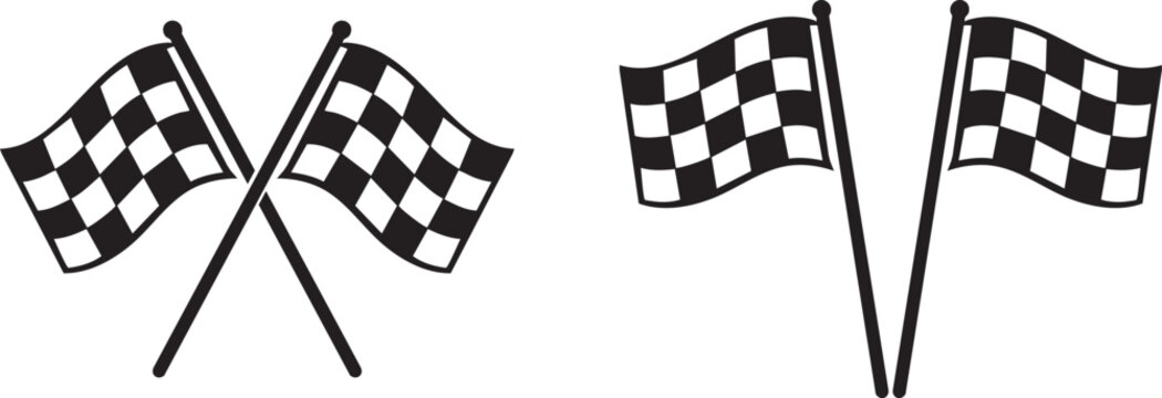 Checkered racing flags set, black and white finish line symbols for motorsport, speed competition and victory concept, start and finish banner icons for rally, karting, formula events