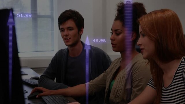 Center woman starting typing, team in education collaborating, purple arrows flowing over group