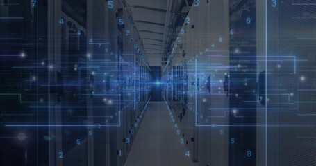 Fototapeta premium Showing central aisle extending inside data center, with server racks, holographic overlays, LEDs