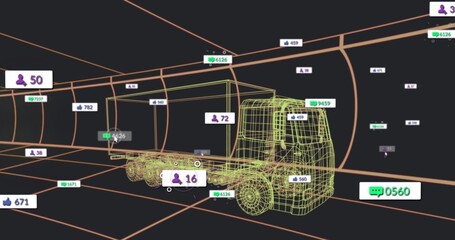 Fototapeta premium Displaying wireframe flatbed truck rotating inside orange grid tunnel with floating data badges