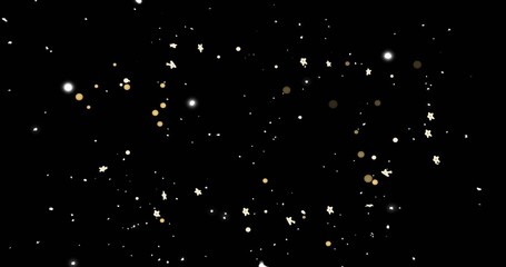Fototapeta premium Glittering particles floating on black field, with white points, gold bokeh and cream star motifs